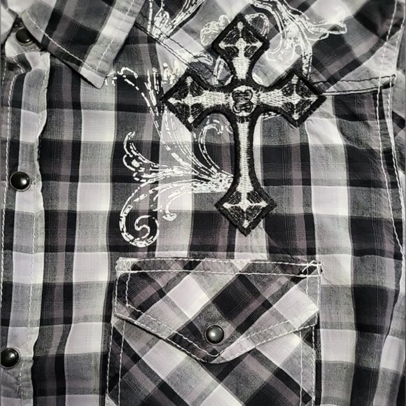 Pop Icon Clothing Men's Shirt Size XL Embroidered Dome Snap Black & White Plaid - Picture 4 of 12